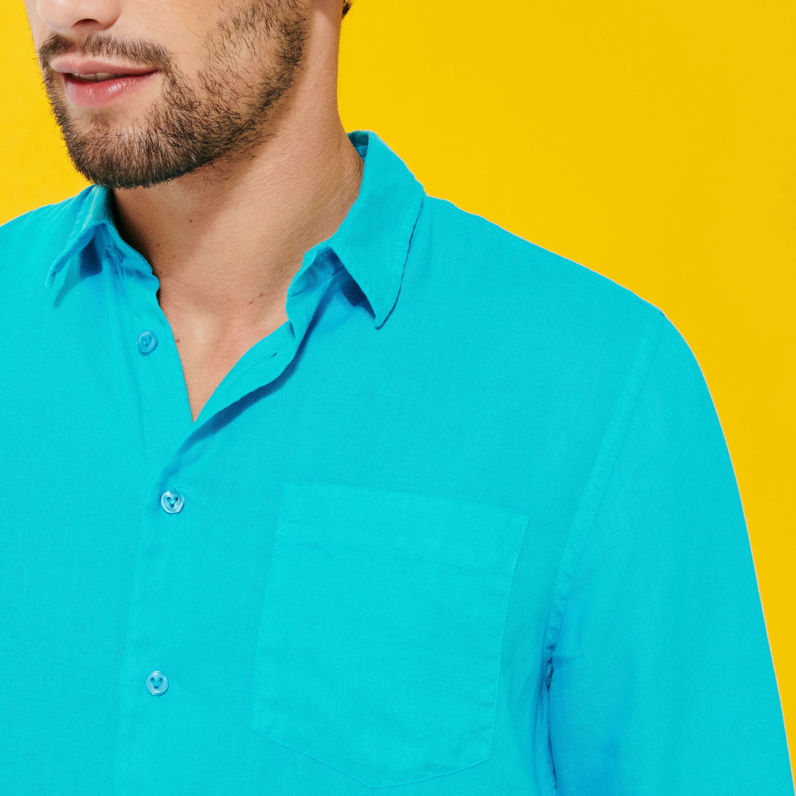 Best Vilebrequin Men Linen Shirt Solid Curacao/Blue