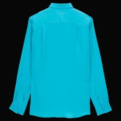 Best Vilebrequin Men Linen Shirt Solid Curacao/Blue