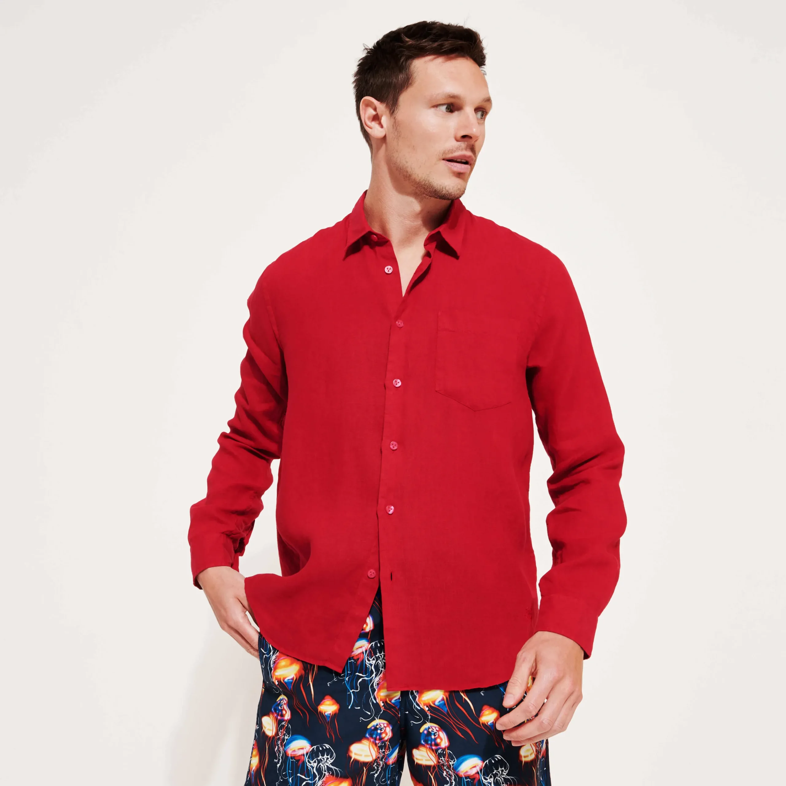 Online Vilebrequin Men Linen Shirt Solid Burgundy/Red