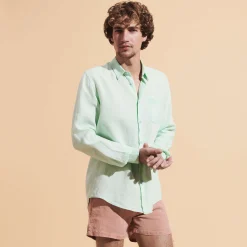 Shop Vilebrequin Men Linen Shirt Solid Water Green/Green