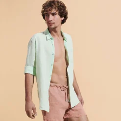Shop Vilebrequin Men Linen Shirt Solid Water Green/Green