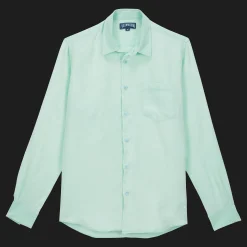 Shop Vilebrequin Men Linen Shirt Solid Water Green/Green