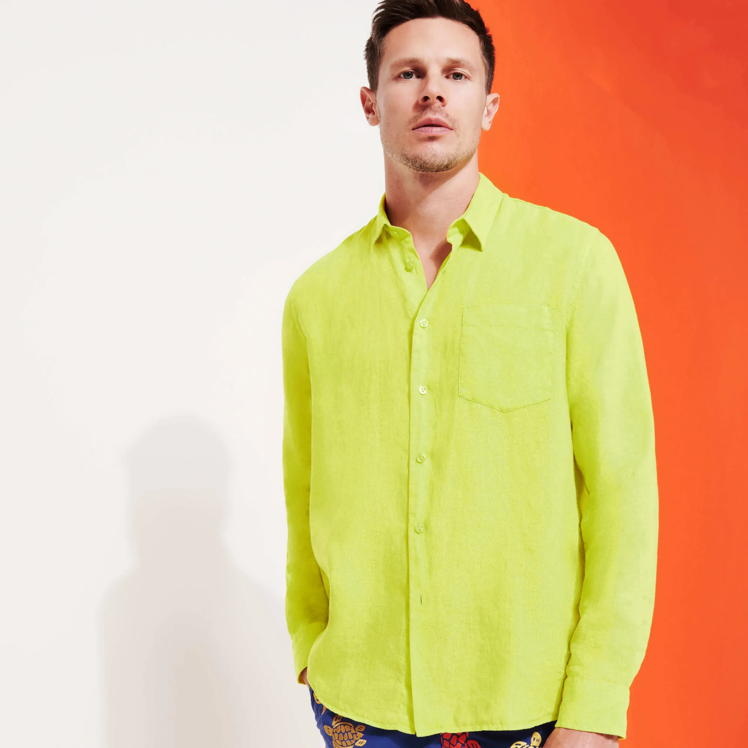 Best Vilebrequin Men Linen Shirt Solid Ginger/Green