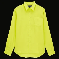Best Vilebrequin Men Linen Shirt Solid Ginger/Green