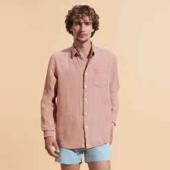 Sale Vilebrequin Men Linen Shirt Solid Pottery/Orange