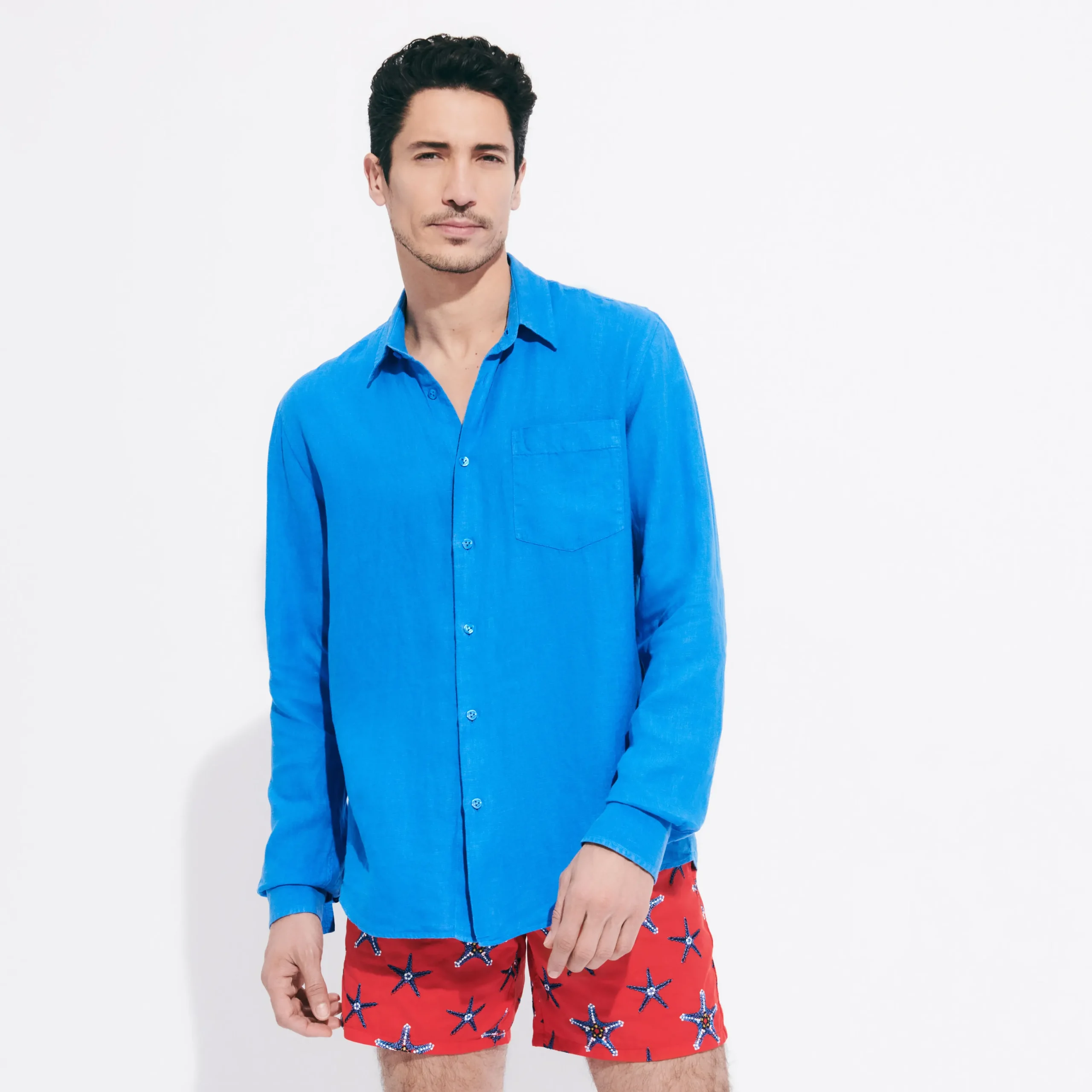 Flash Sale Vilebrequin Men Linen Shirt Solid Earthenware/Blue