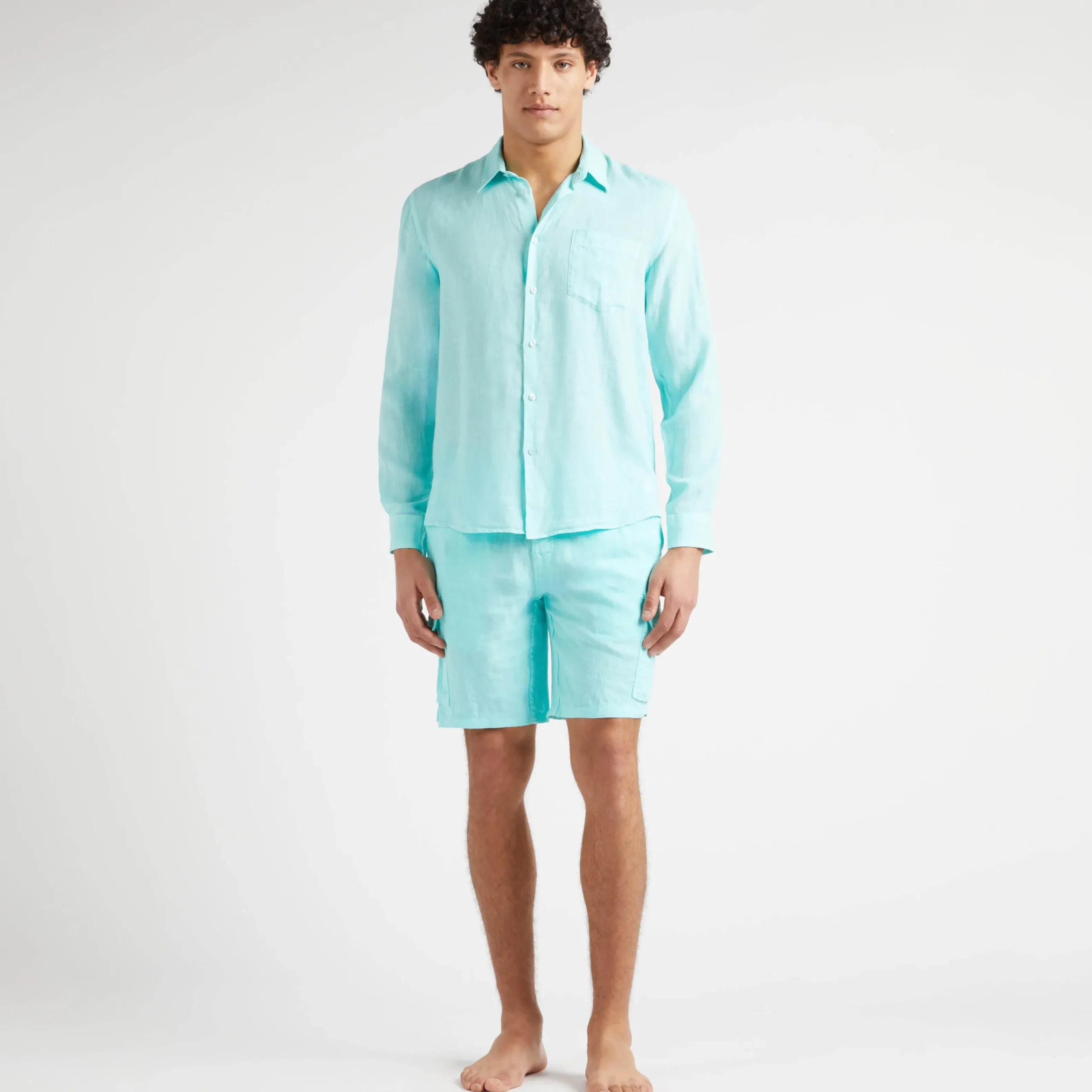 Cheap Vilebrequin Men Linen Shirt Solid Lagoon/Blue