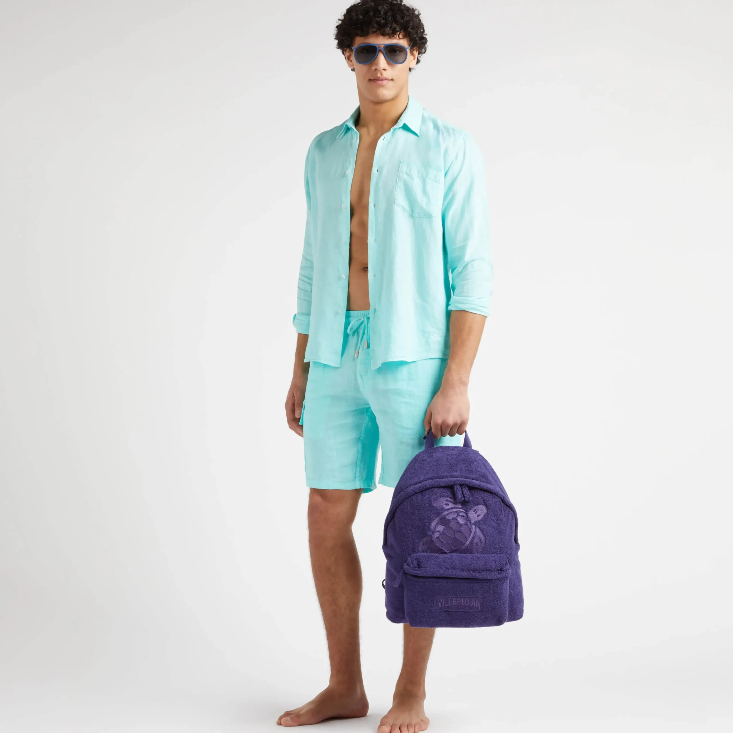 Cheap Vilebrequin Men Linen Shirt Solid Lagoon/Blue
