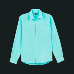 Cheap Vilebrequin Men Linen Shirt Solid Lagoon/Blue