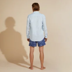 Fashion Vilebrequin Men Linen Shirt Solid Sky Blue/Blue
