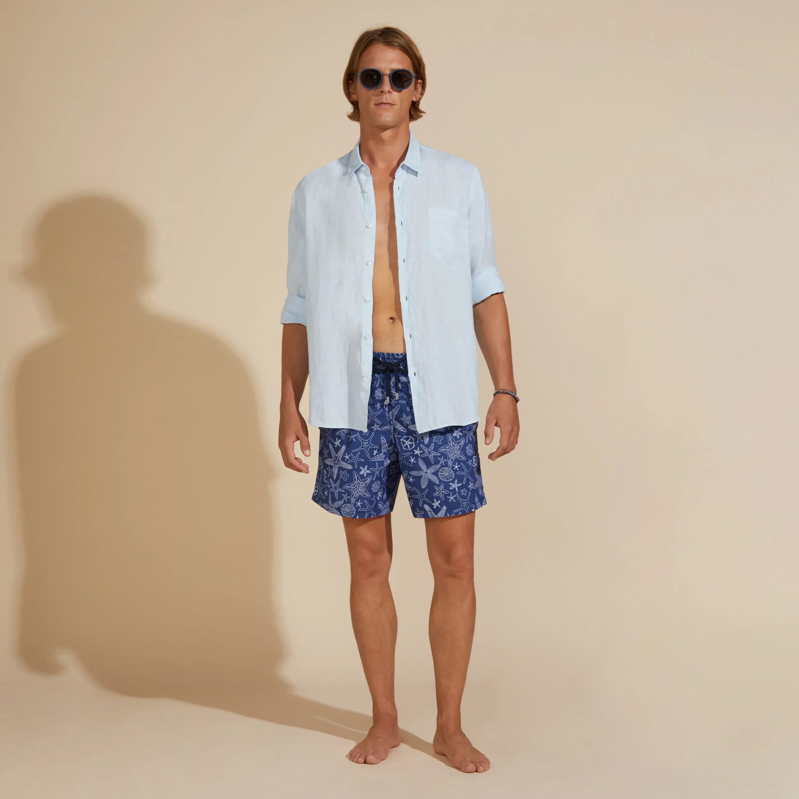 Fashion Vilebrequin Men Linen Shirt Solid Sky Blue/Blue