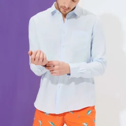 Fashion Vilebrequin Men Linen Shirt Solid Sky Blue/Blue