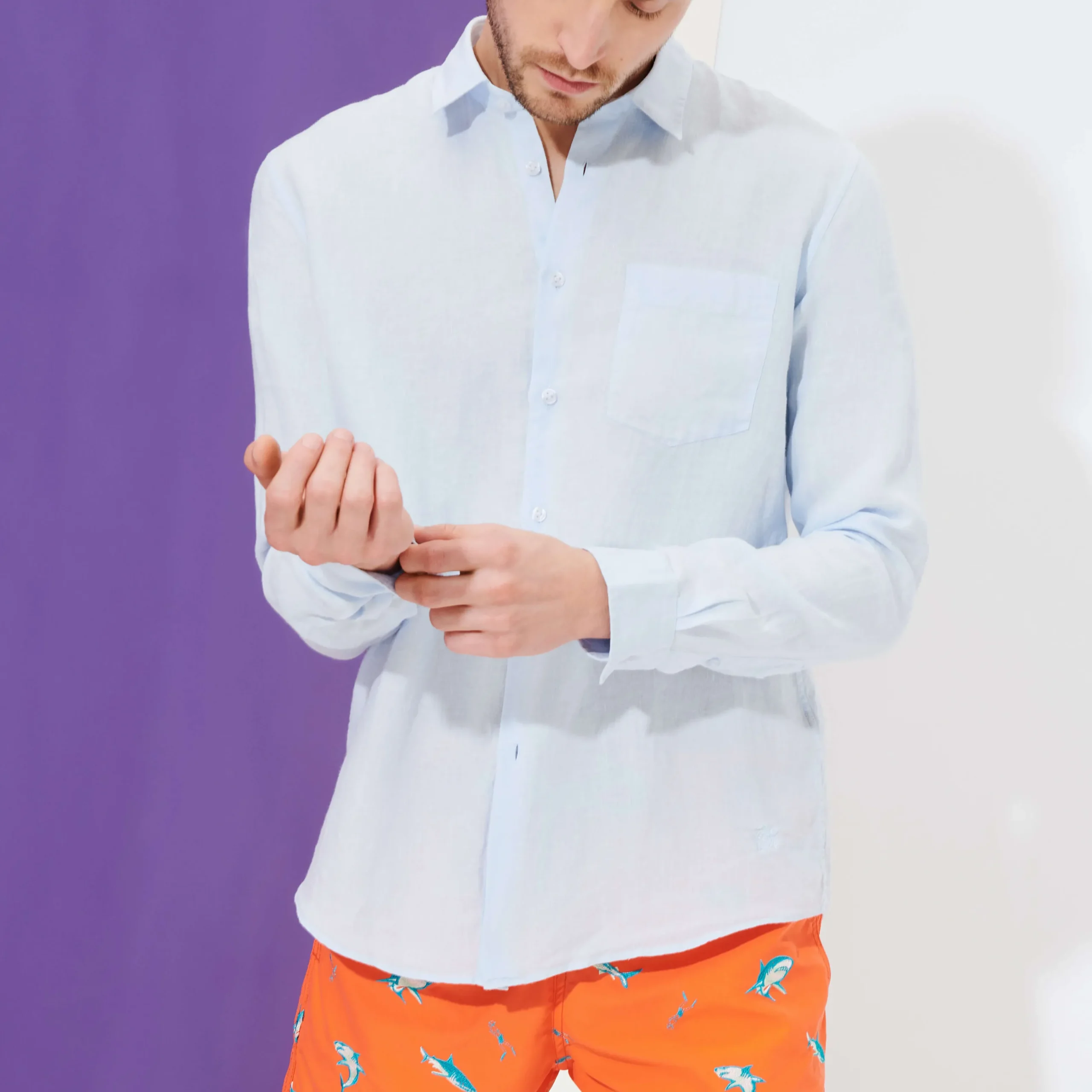 Fashion Vilebrequin Men Linen Shirt Solid Sky Blue/Blue