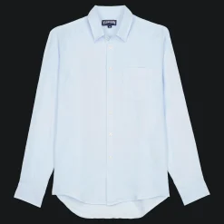 Fashion Vilebrequin Men Linen Shirt Solid Sky Blue/Blue