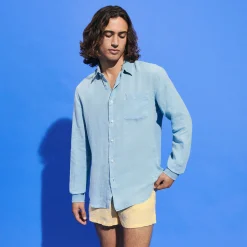 Cheap Vilebrequin Men Linen Shirt Solid Source/Blue
