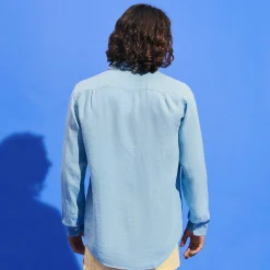 Cheap Vilebrequin Men Linen Shirt Solid Source/Blue