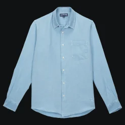 Cheap Vilebrequin Men Linen Shirt Solid Source/Blue