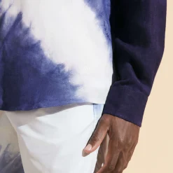 Cheap Vilebrequin Men Linen Shirt Tie & Dye Earthenware/Blue
