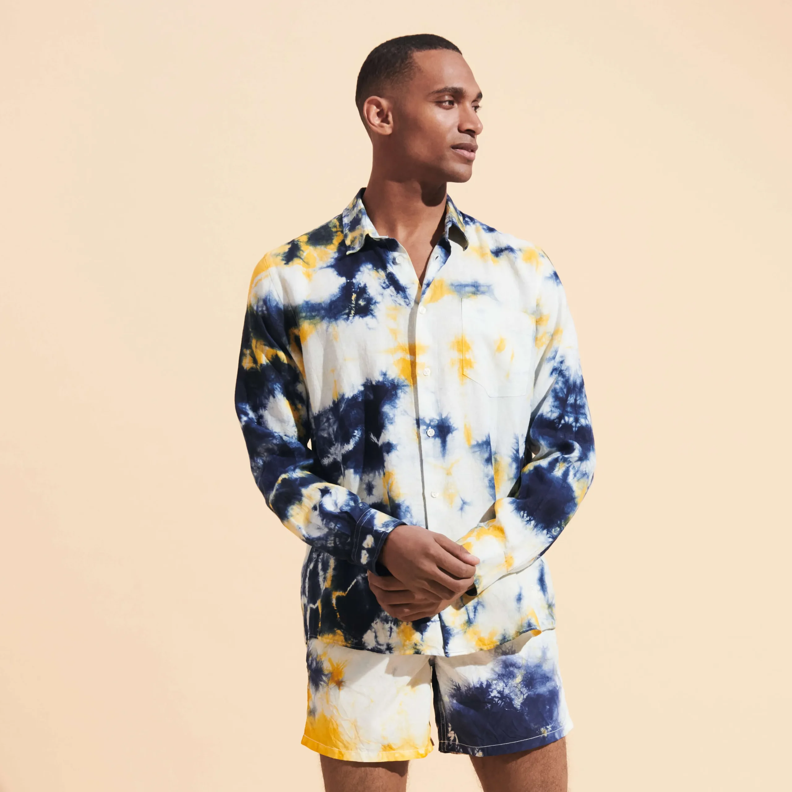 Shop Vilebrequin Men Linen Shirt Tie & Dye Navy/Blue