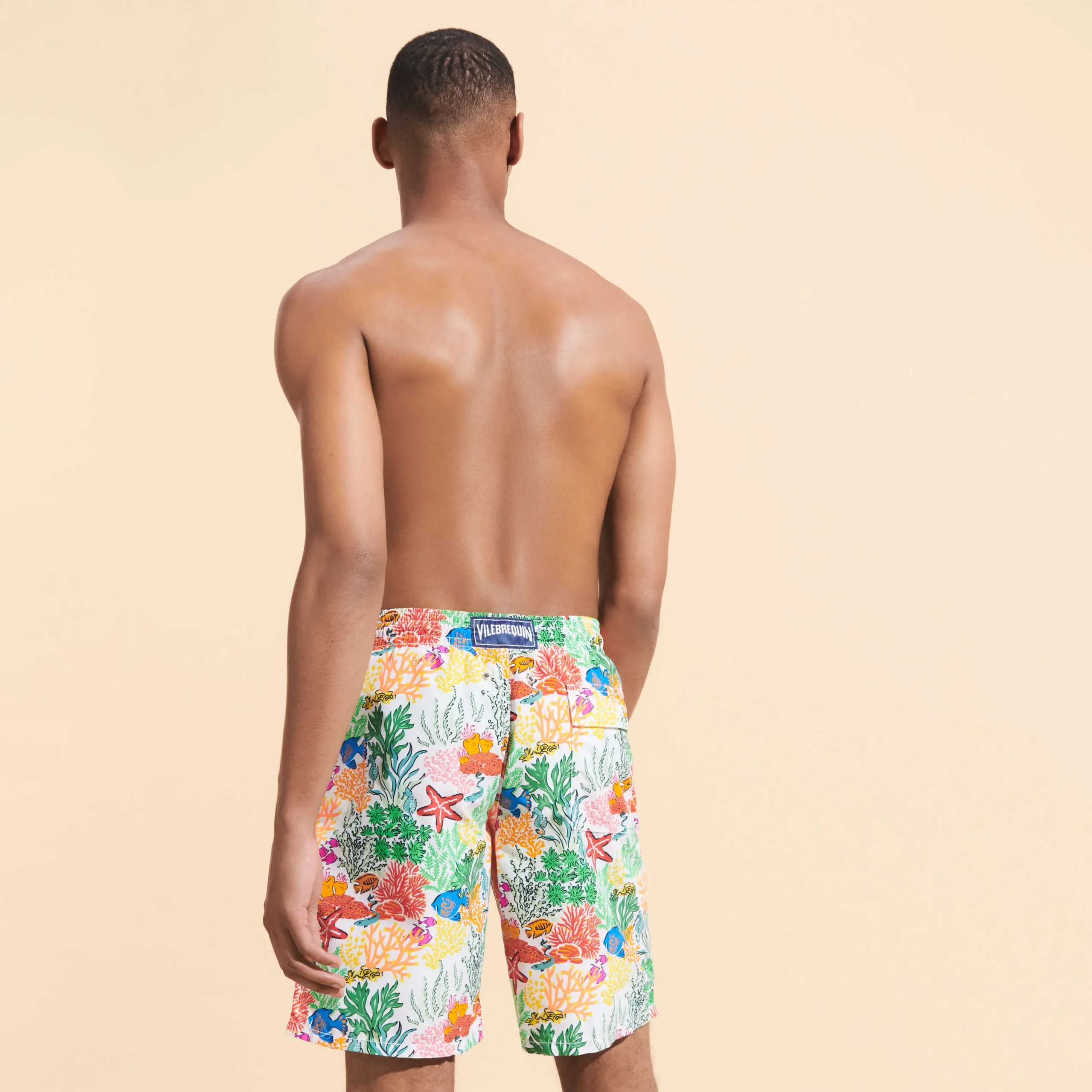 Fashion Vilebrequin Men Long Swim Trunks Fond Marins Multicolores White/White