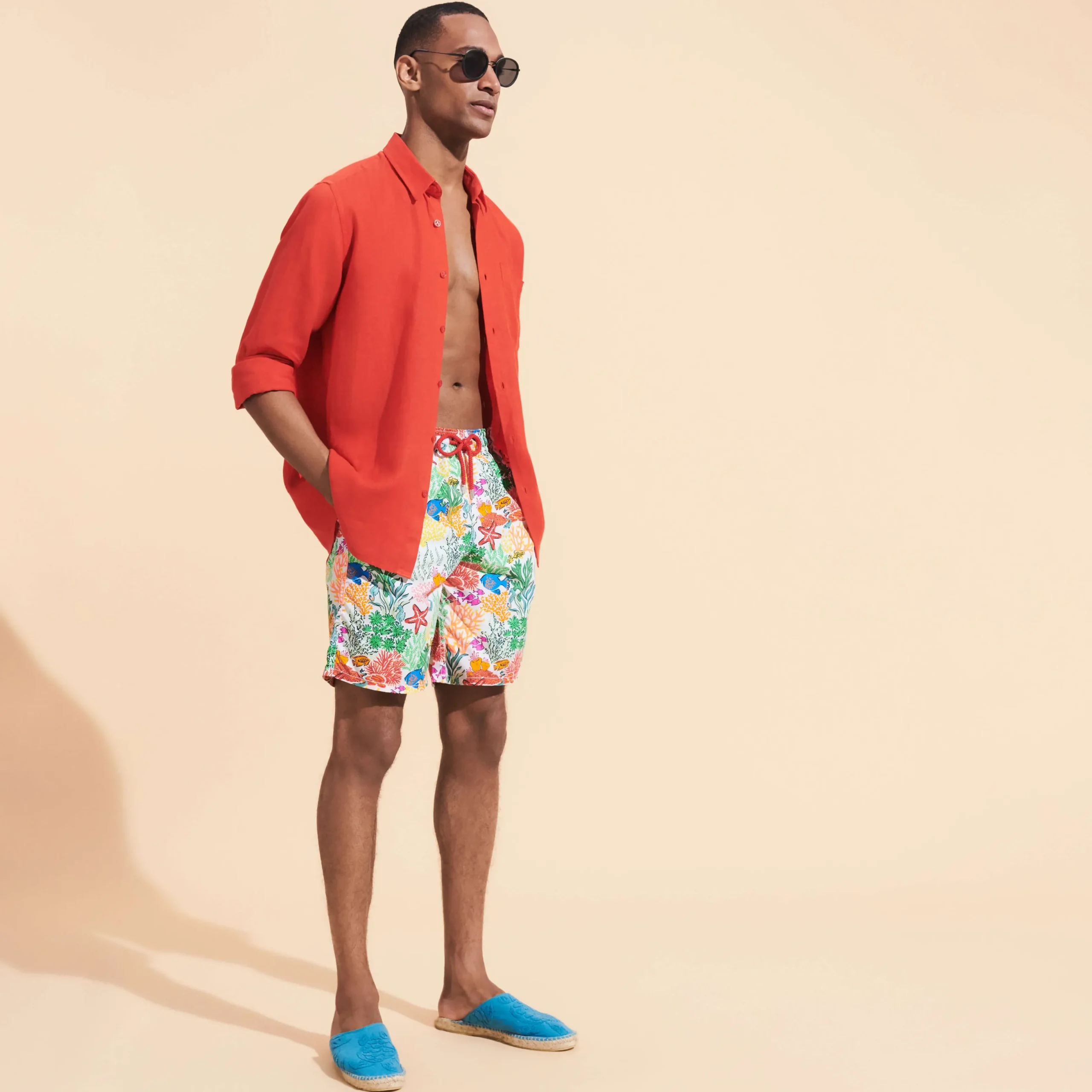 Fashion Vilebrequin Men Long Swim Trunks Fond Marins Multicolores White/White