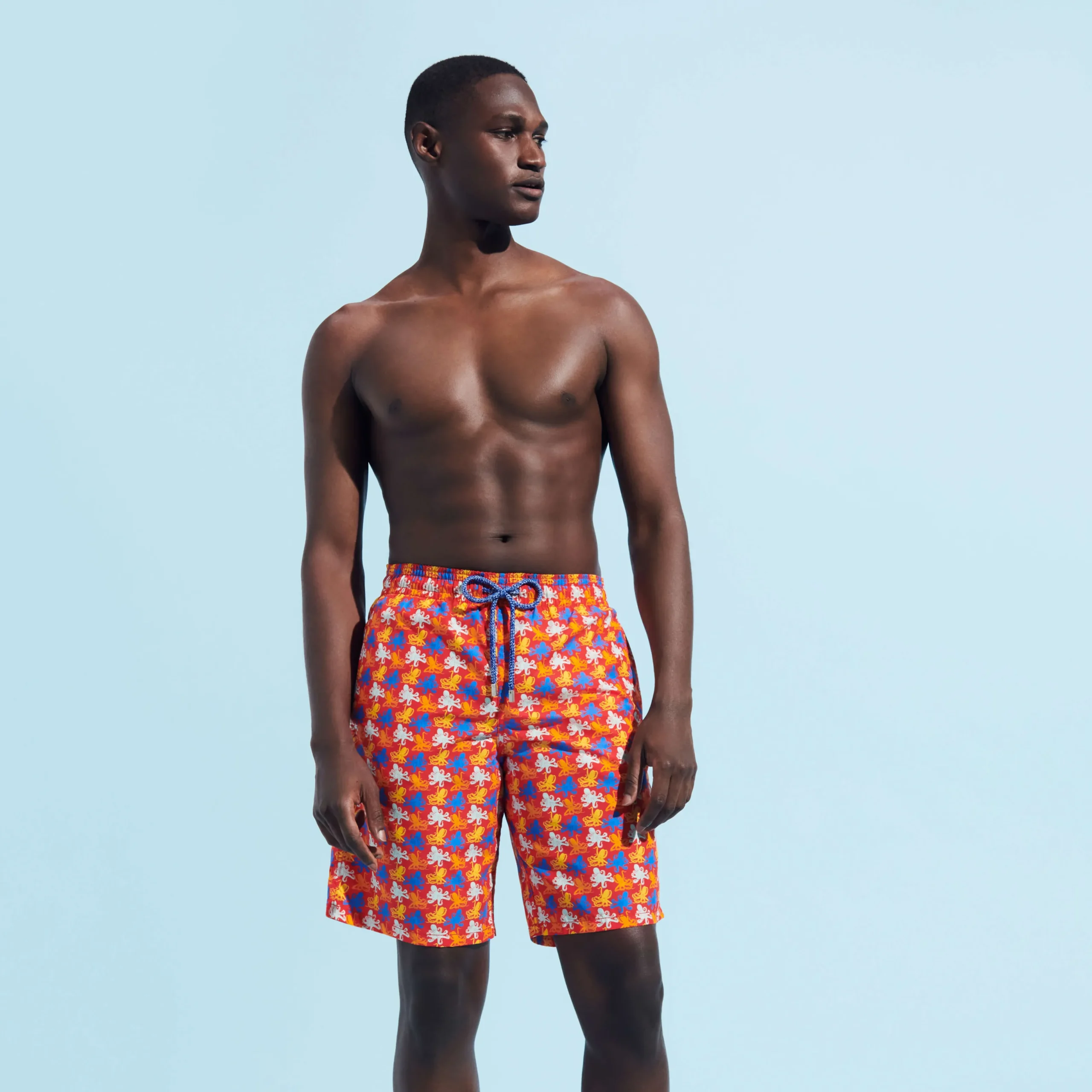 Fashion Vilebrequin Men Long Swim Trunks Micro Poulpes Poppy Red/Red