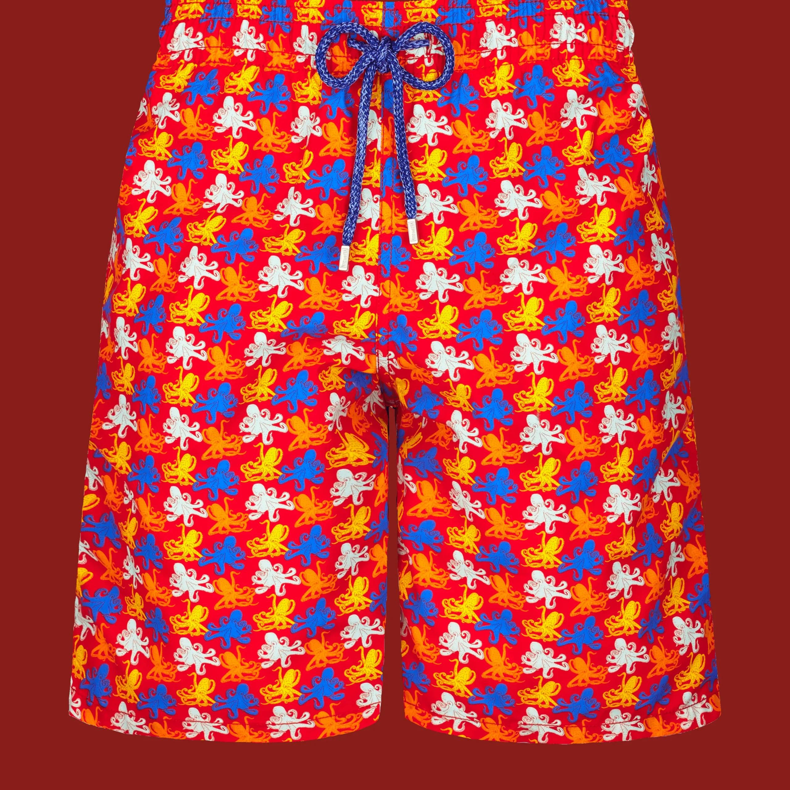Fashion Vilebrequin Men Long Swim Trunks Micro Poulpes Poppy Red/Red