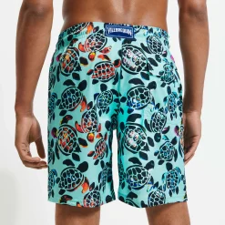 Cheap Vilebrequin Men Long Swim Trunks Screen Turtles Lagoon/Blue