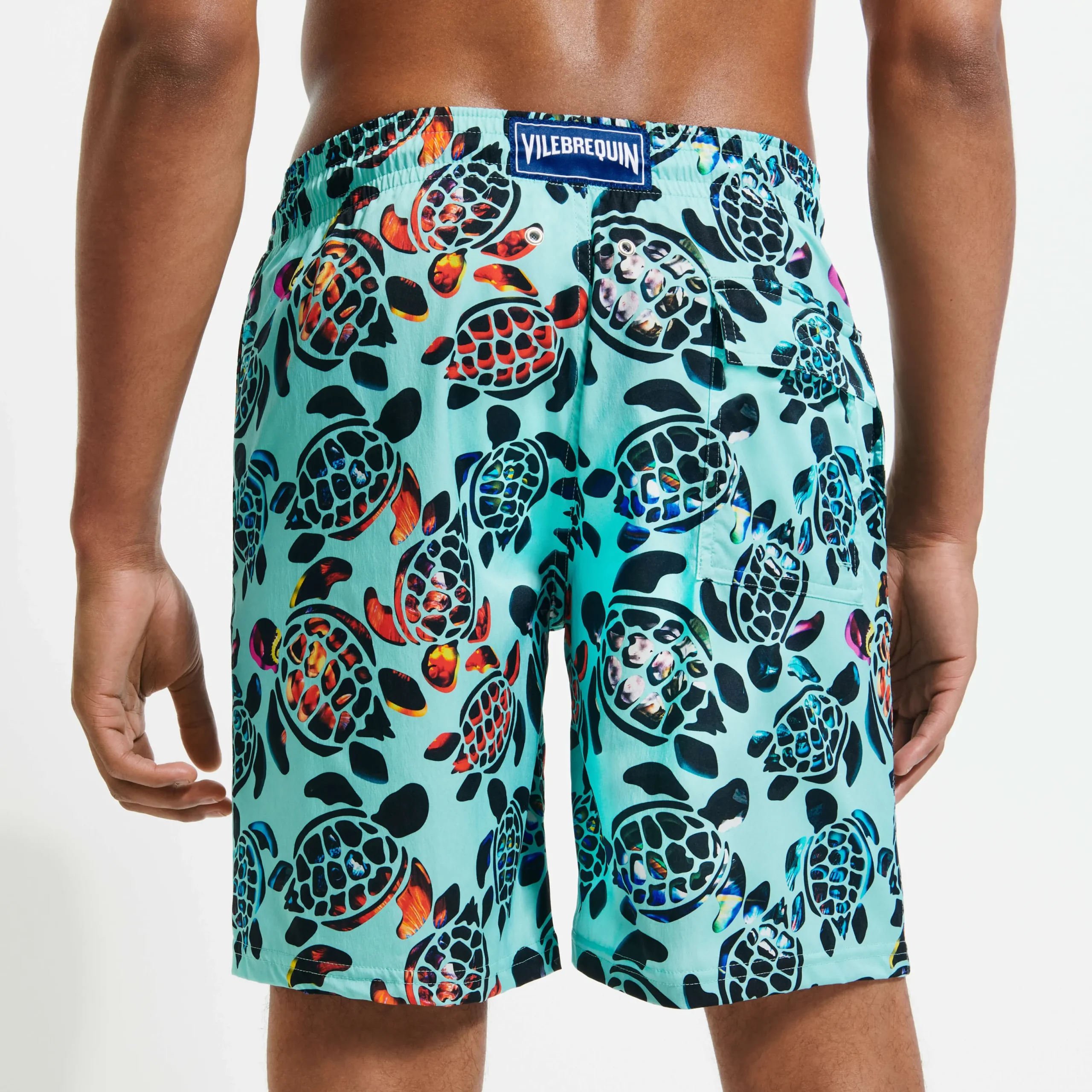 Cheap Vilebrequin Men Long Swim Trunks Screen Turtles Lagoon/Blue