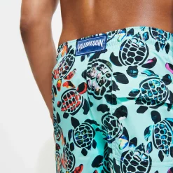 Cheap Vilebrequin Men Long Swim Trunks Screen Turtles Lagoon/Blue