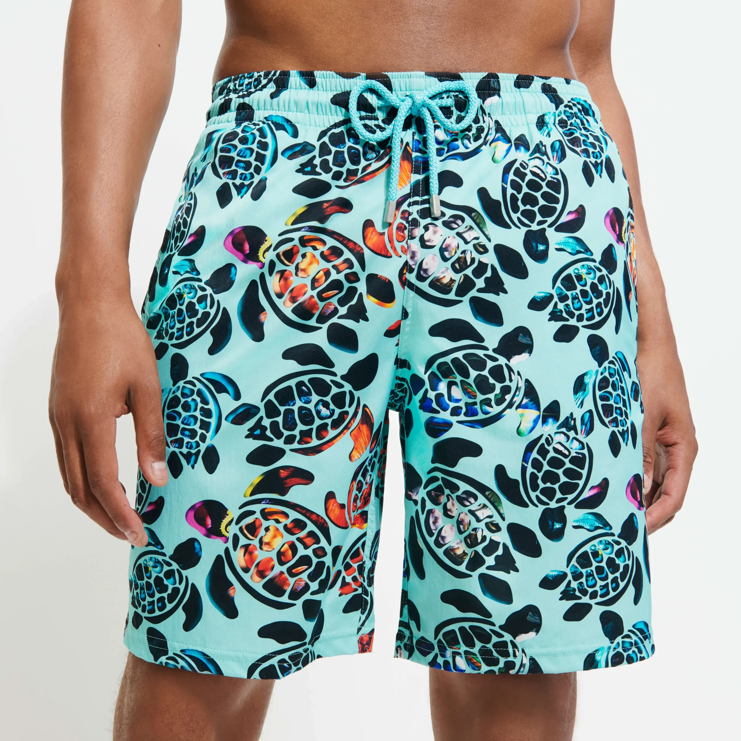 Cheap Vilebrequin Men Long Swim Trunks Screen Turtles Lagoon/Blue