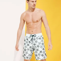 Discount Vilebrequin Men Long Swim Trunks Starfish Dance Flocked Glacier/Blue