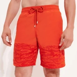 Flash Sale Vilebrequin Men Long Swim Trunks Water-Reactive Requins 3D Rust/Orange