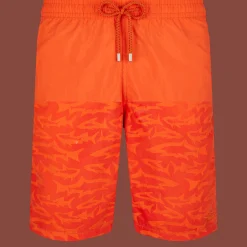 Flash Sale Vilebrequin Men Long Swim Trunks Water-Reactive Requins 3D Rust/Orange