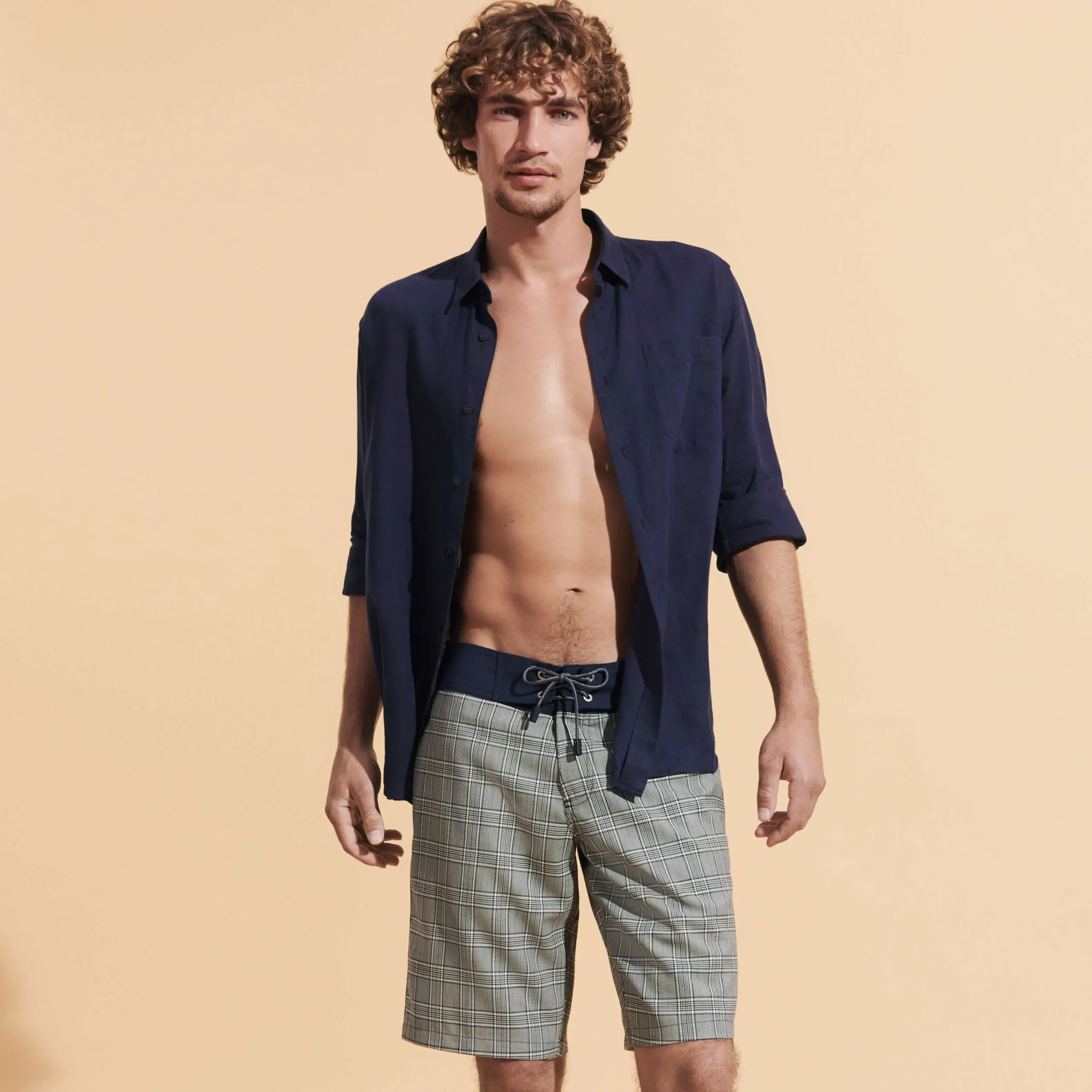 Online Vilebrequin Men Merinos Wool Long Swim Trunks Prince De Galles Navy/Blue