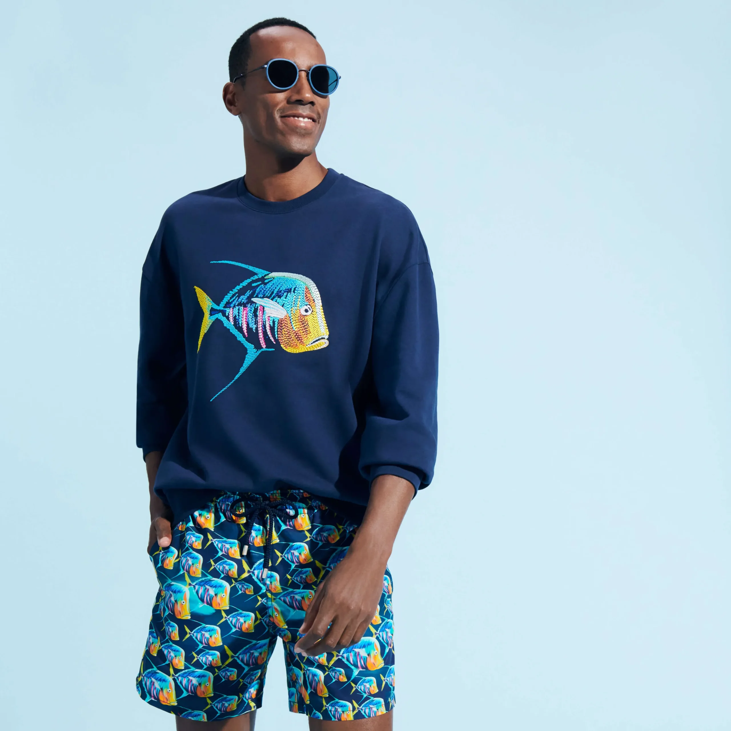 New Vilebrequin Men Organic Cotton Sweatshirt Piranhas Navy/Blue
