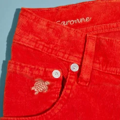 Fashion Vilebrequin Men 5-Pocket Corduroy 2000 Lines Bermuda Shorts Tomato/Red