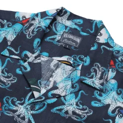 Online Vilebrequin Men Printed Linen Bowling Shirt - X Malbon Navy/Blue