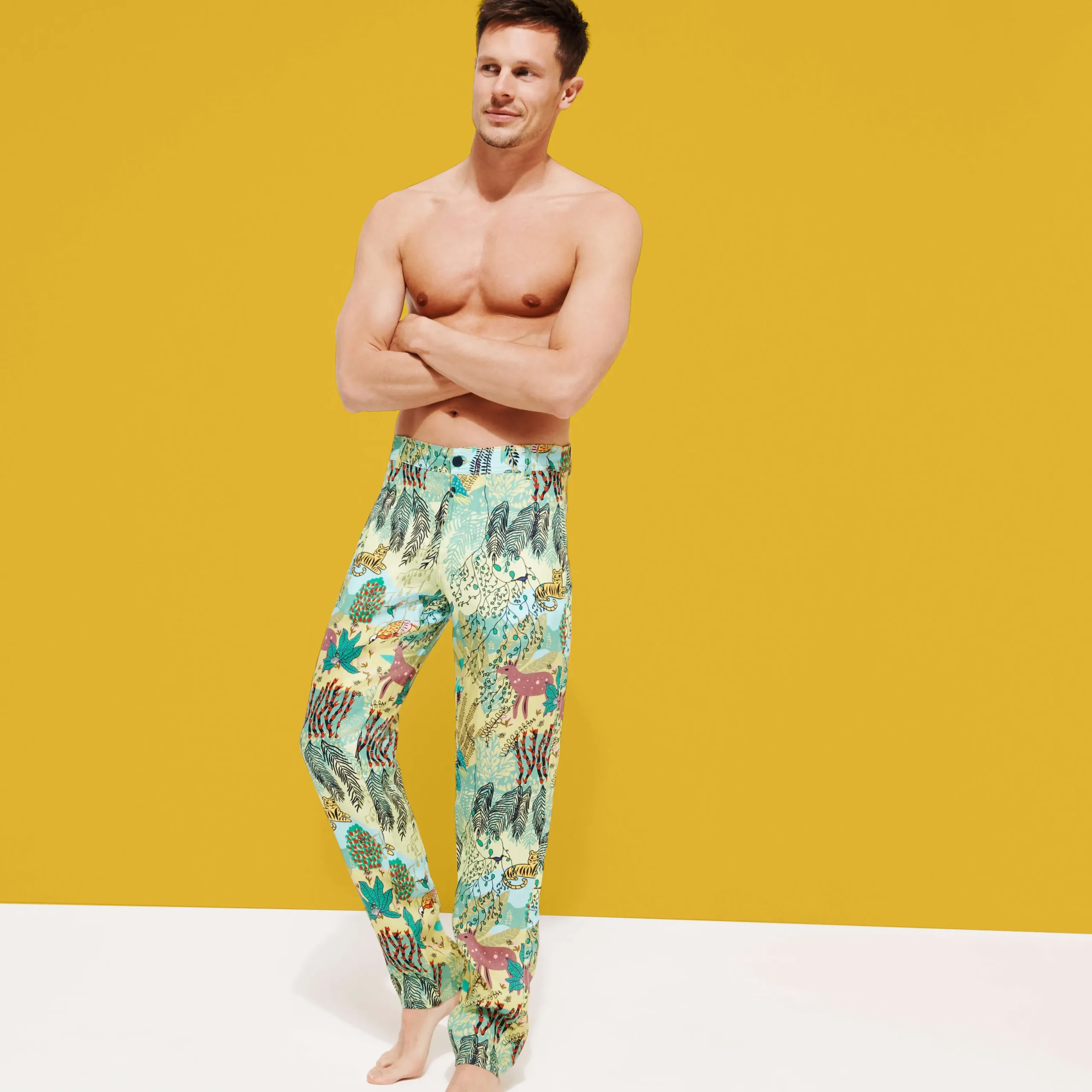 Clearance Vilebrequin Men Printed Linen Pants Jungle Rousseau Ginger/Green