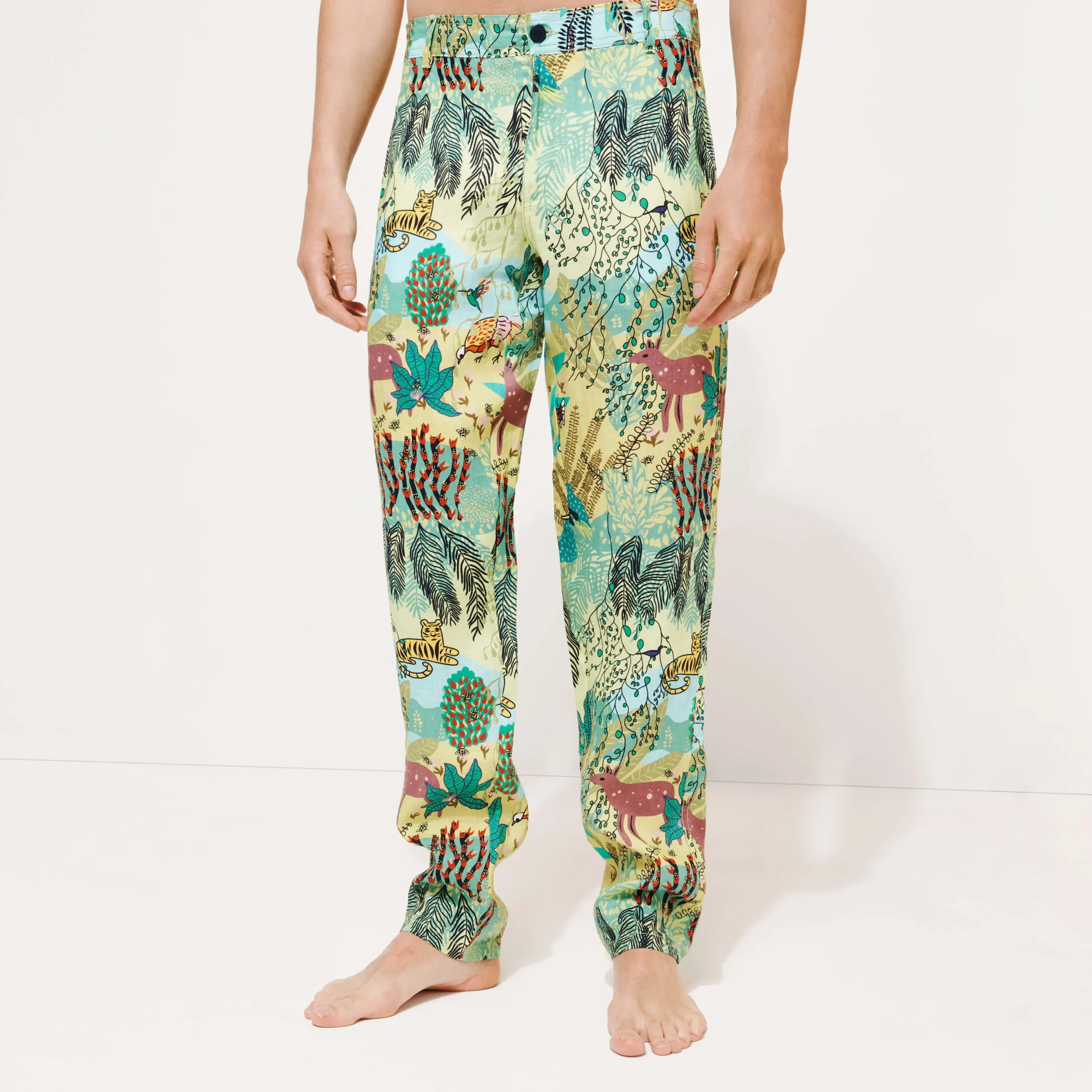 Clearance Vilebrequin Men Printed Linen Pants Jungle Rousseau Ginger/Green