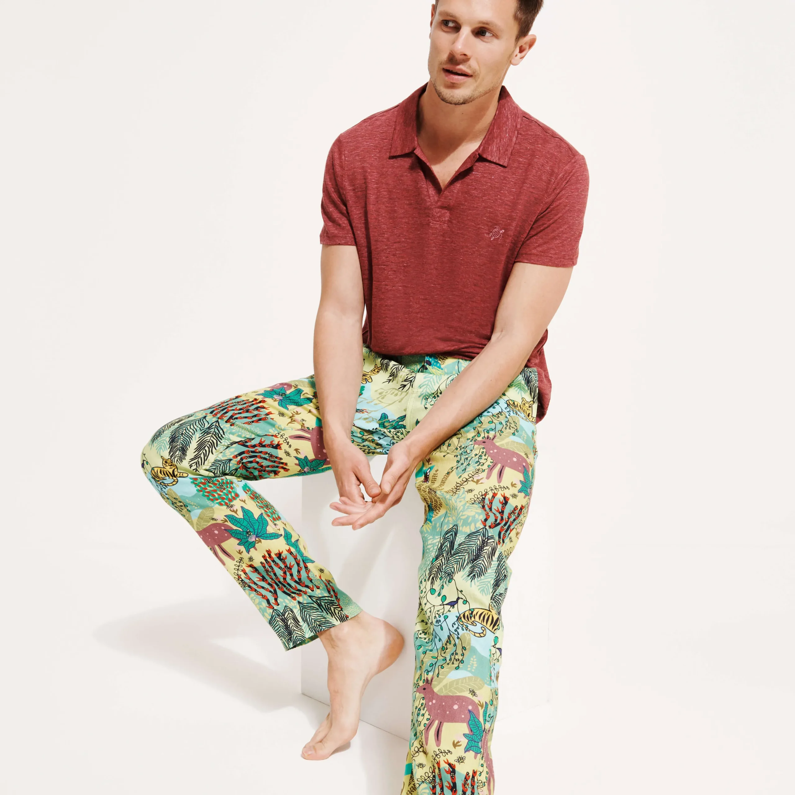 Clearance Vilebrequin Men Printed Linen Pants Jungle Rousseau Ginger/Green