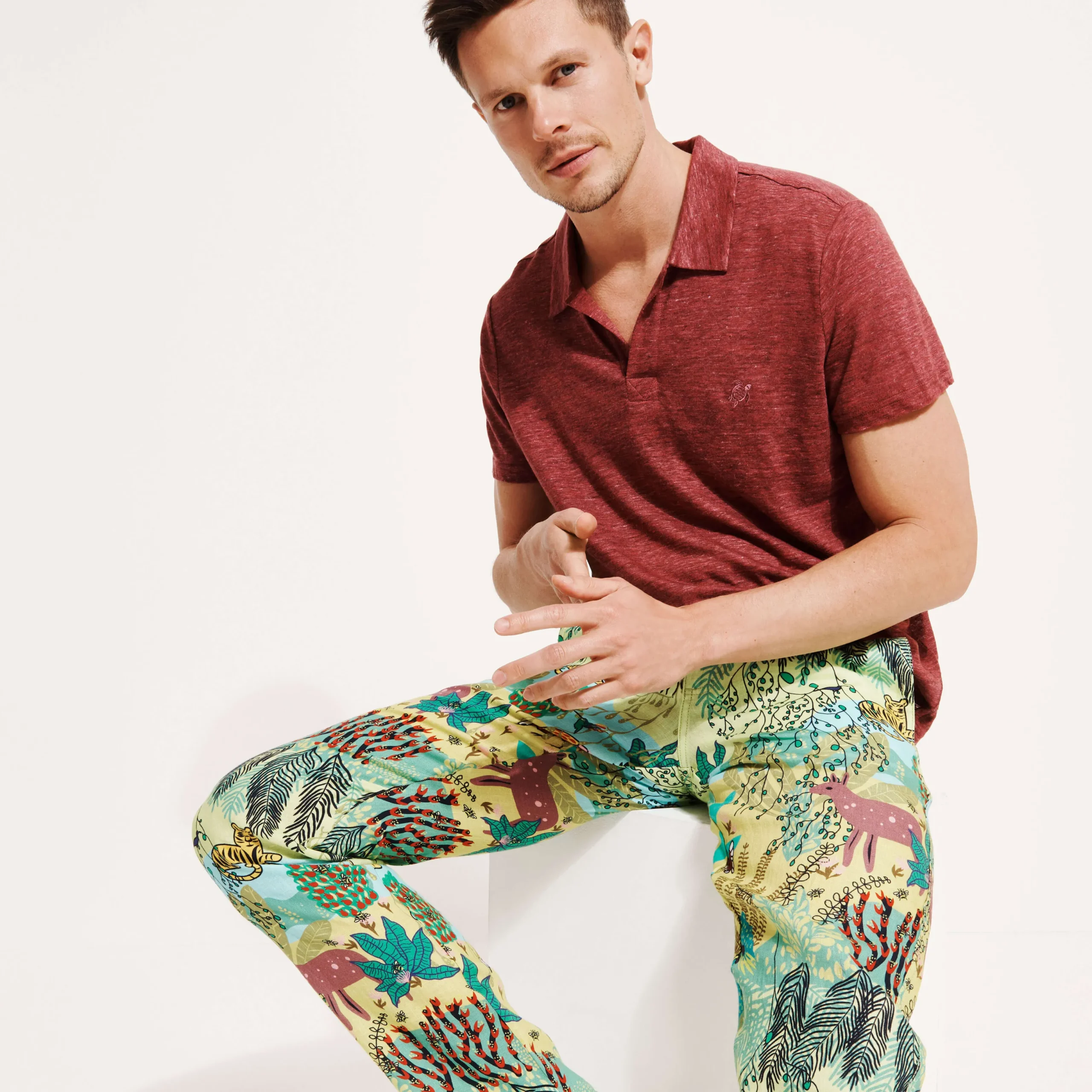 Clearance Vilebrequin Men Printed Linen Pants Jungle Rousseau Ginger/Green