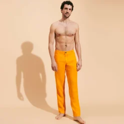 Discount Vilebrequin Men Straight Linen Pants Solid Carrot/Orange