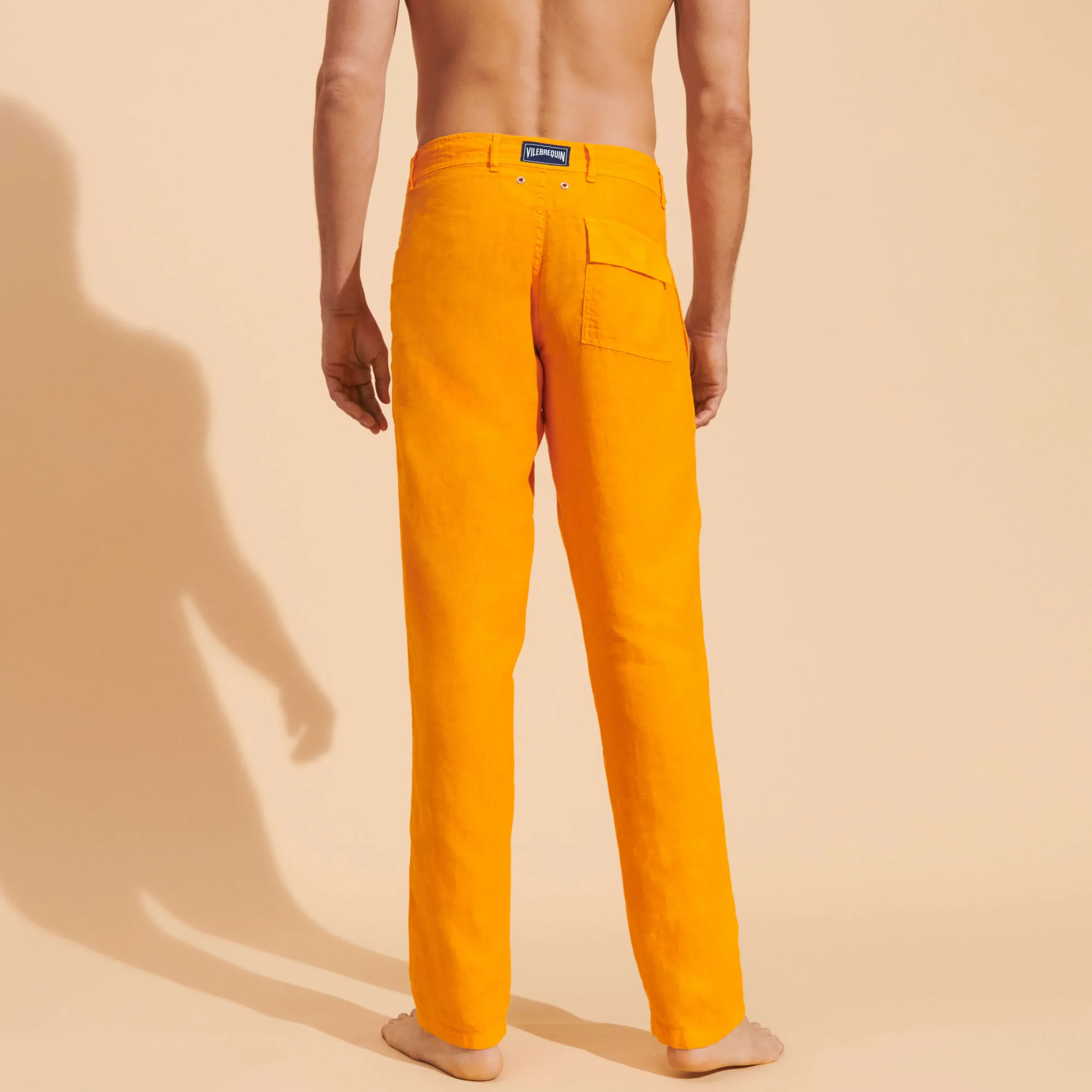 Discount Vilebrequin Men Straight Linen Pants Solid Carrot/Orange