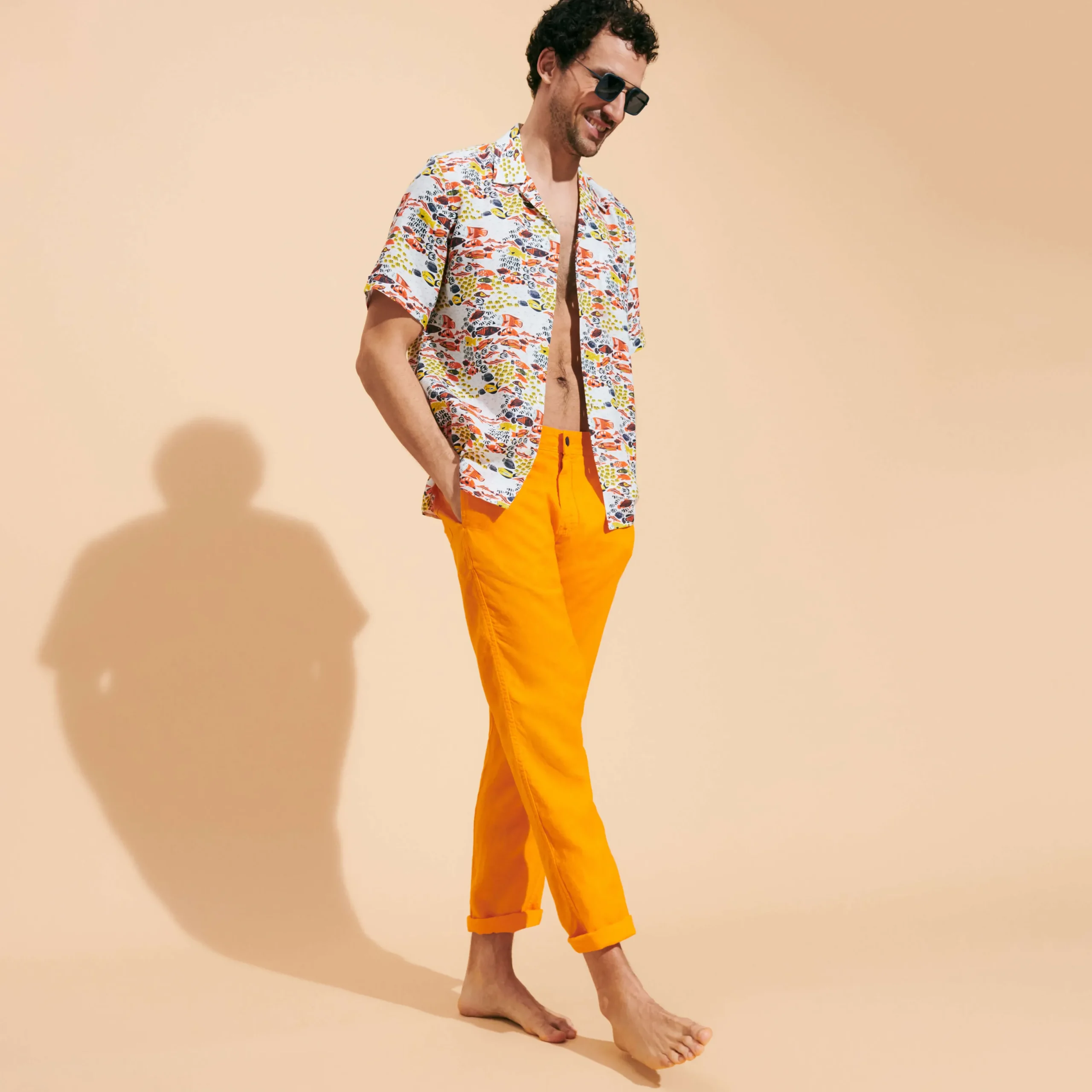 Discount Vilebrequin Men Straight Linen Pants Solid Carrot/Orange