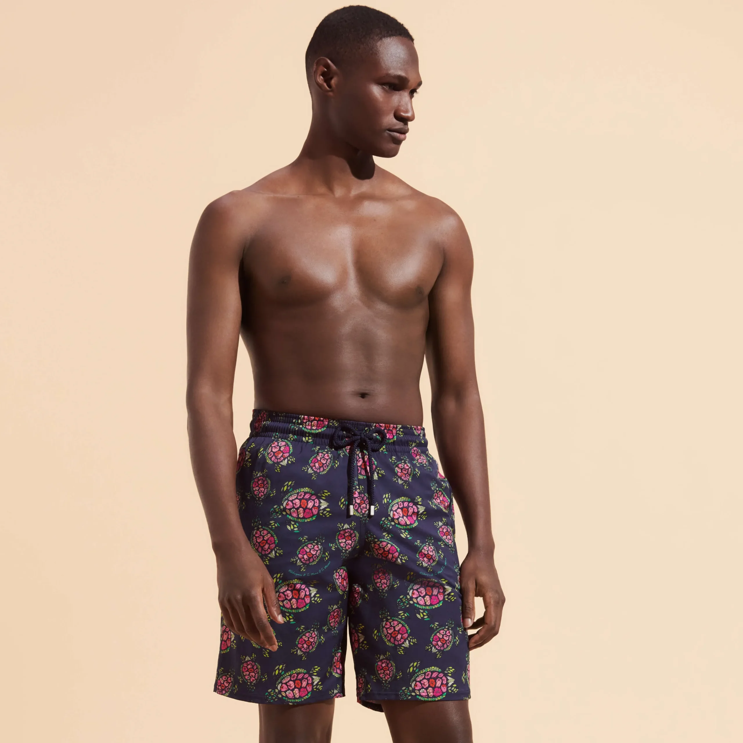 Fashion Vilebrequin Men Stretch Long Swim Trunks Provencal Turtles Navy/Blue