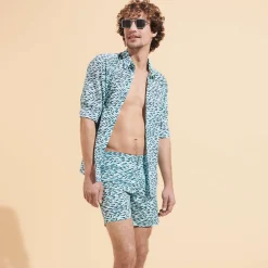 Best Sale Vilebrequin Men Stretch Short Swim Trunks Flat Belt Gulf Stream Thalassa/Blue
