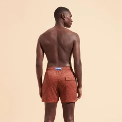 Shop Vilebrequin Men Stretch Short Swim Trunks Jacquard Tortue Tomette/Red