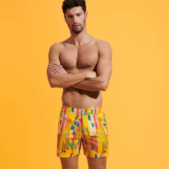 Sale Vilebrequin Men Stretch Short Swim Trunks Flat Belt Sunny Streets Sun/Yellow