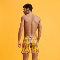 Sale Vilebrequin Men Stretch Short Swim Trunks Flat Belt Sunny Streets Sun/Yellow